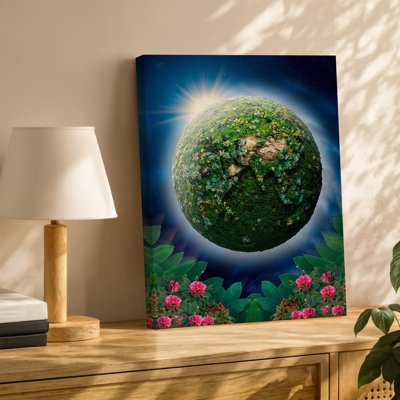 Reproduction d'art sur toile représentant une planète luxuriante avec une planète sphérique recouverte de verdure dense et de fleurs colorées