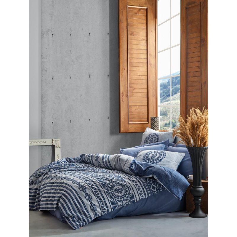 Ensemble de housse de couette 100% coton bleu indigo / gris Makson, Housse de couette très grand + 2 taies d'oreiller