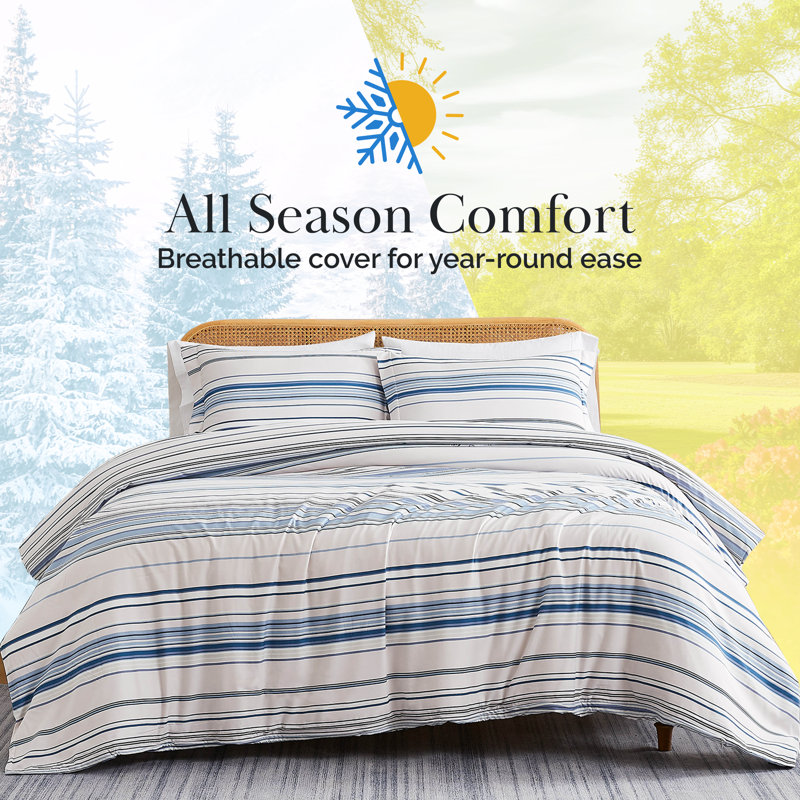 Coastal Stripes Collection Microfiber Reversible Duvet Cover Set, Blue, Full/Queen Duvet Cover + 2 Standard Shams