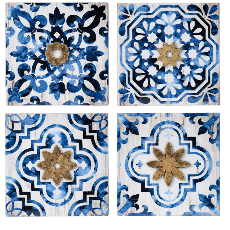 Blue, White, Gold Home Wall Accessory, 9.5x9.5". Fashionable Framed For Bedroom. Complements Bohemian Styles. 95% Fir Wood, 5% Paper. 5lbs. 9.5wx9.5hx1.7d Accents, Elegant Decor Home. Coastal,