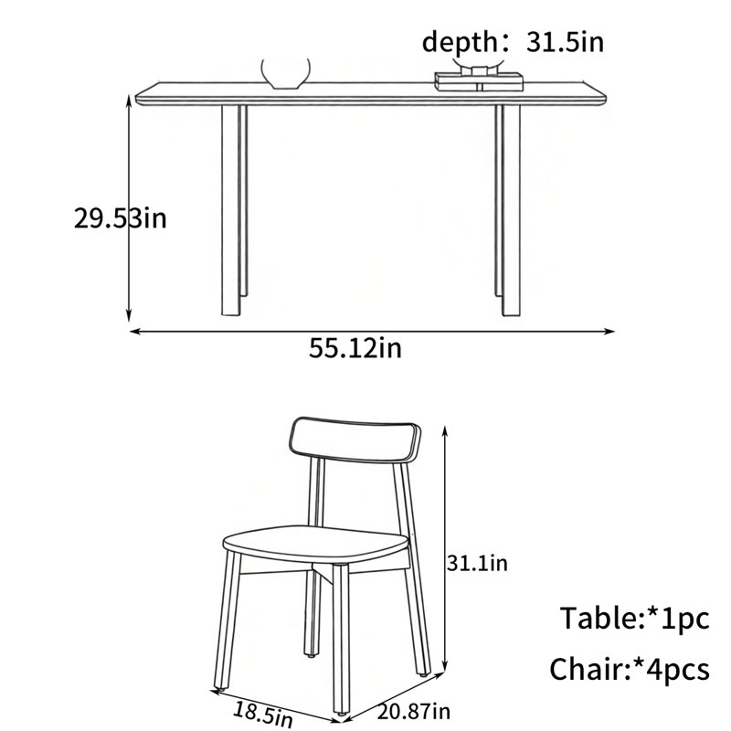 Swaffham Simple rectangular dining table, 5 Pieces: Table, 4 Chairs, 29.53" H x 55.12" W x 31.5" D