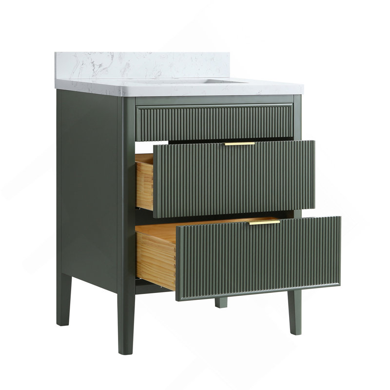 Meuble-lavabo autoportant vert entièrement assemblé de 30 po avec construction en bois massif et plateau en marbre d'ingénierie
