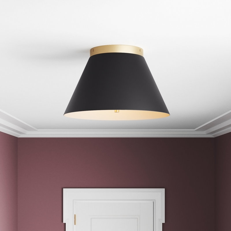 Plafonnier encastré 13,75 po 2 lumières Gareth, Noir / laiton rétro, Abat-jour noir / doublure blanche