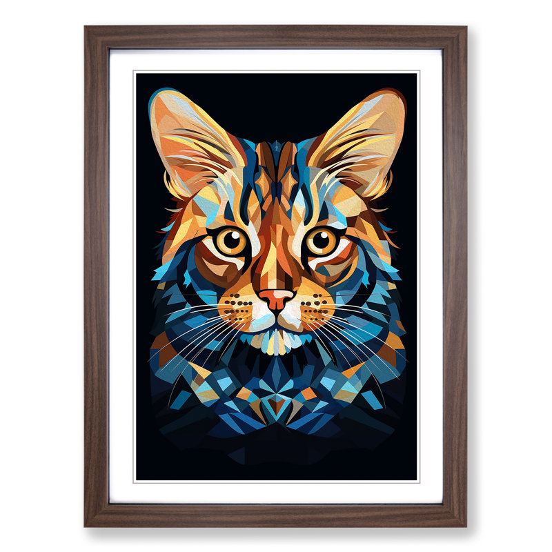 Bengal Cat Cubism No.2 - Single Picture Frame Print on Wood, Walnut Framed, 64cm H x 46cm W x 2cm D