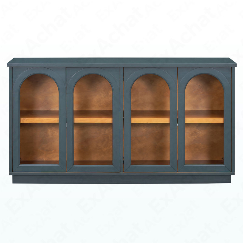 Grande armoire de rangement arquée avec rangement, 4 portes avec panneaux de verre et tablettes réglables, polyvalente pour la cuisine, le salon et la salle à manger