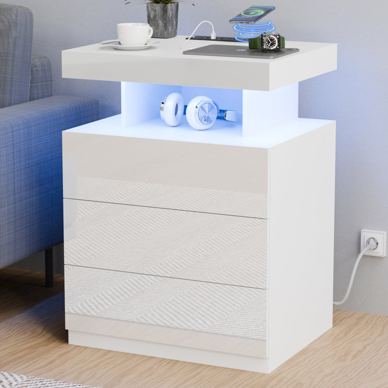 Britini Manufactured Wood Nightstand with Wireless Charging Station, LED Lights and 3 Drawers, White
