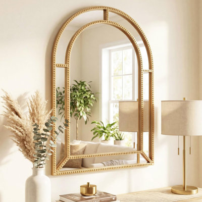 Arched Wall Mirror, Gold-Framed Vanity Mirror with Beaded Trim, Decorative Accent Mirror for Bathroom, Bedroom, and Entryway