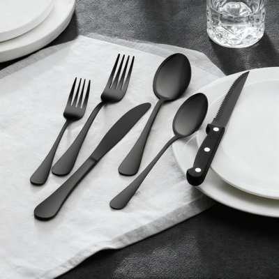49-Piece Black Stainless Steel Flatware Set For 8 With Steak Knives And Storage Tray, Mirror Polished Rust-Proof Cutlery Set For Everyday And Formal Dining