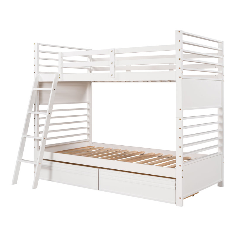 Lit simple superposé en bois avec deux tiroirs, Blanc