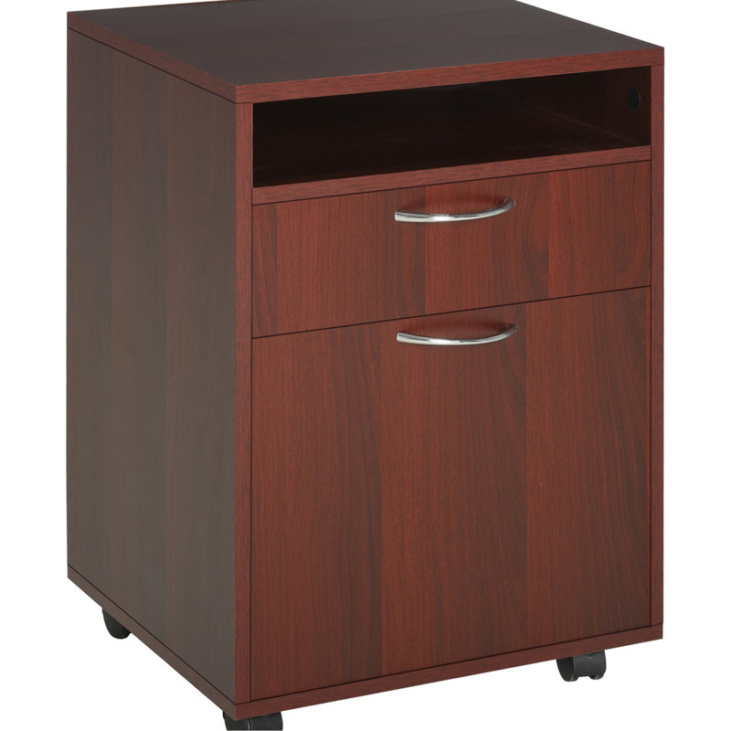 Mobile Printer Stand And Brown Storage Cabinet Organizer With Drawer, Ample Room For Office Papers Folders, 4 - Wheel Design Locking Mechanism, Fits Under Most Desks, Particle Board