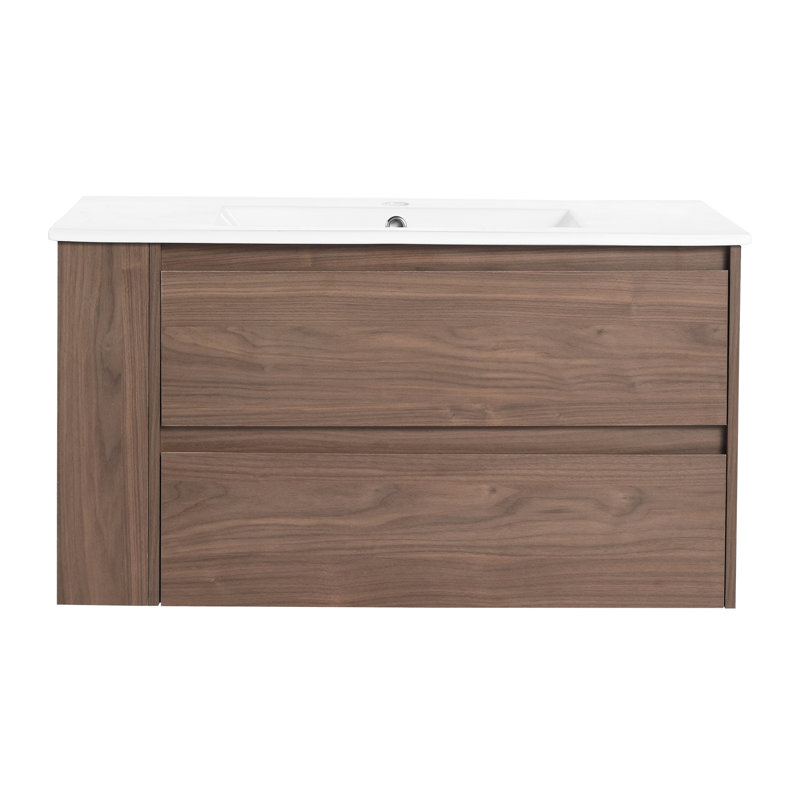 36" Bathroom Vanity With Ceramic Basin & Soft Close Drawers - Contemporary Flair Brown Oak Quality Plywood Abundant Storage Options Modern Wall Mounted Sink Color Construction Spacious Interior