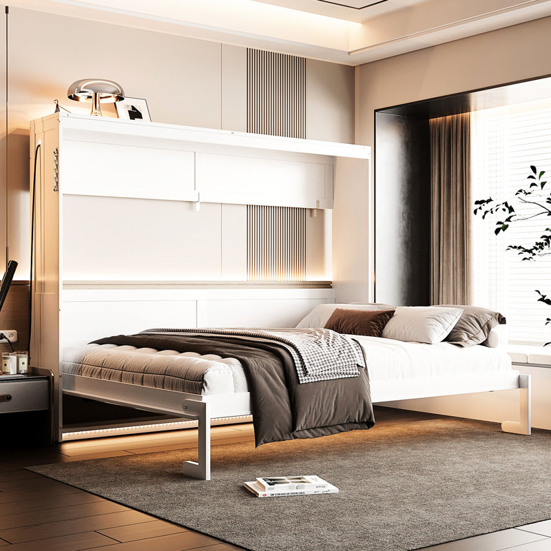 Modern Queen-Size Bed, White, Pattern, Led Under, Outlet , Print, Under, Built-In