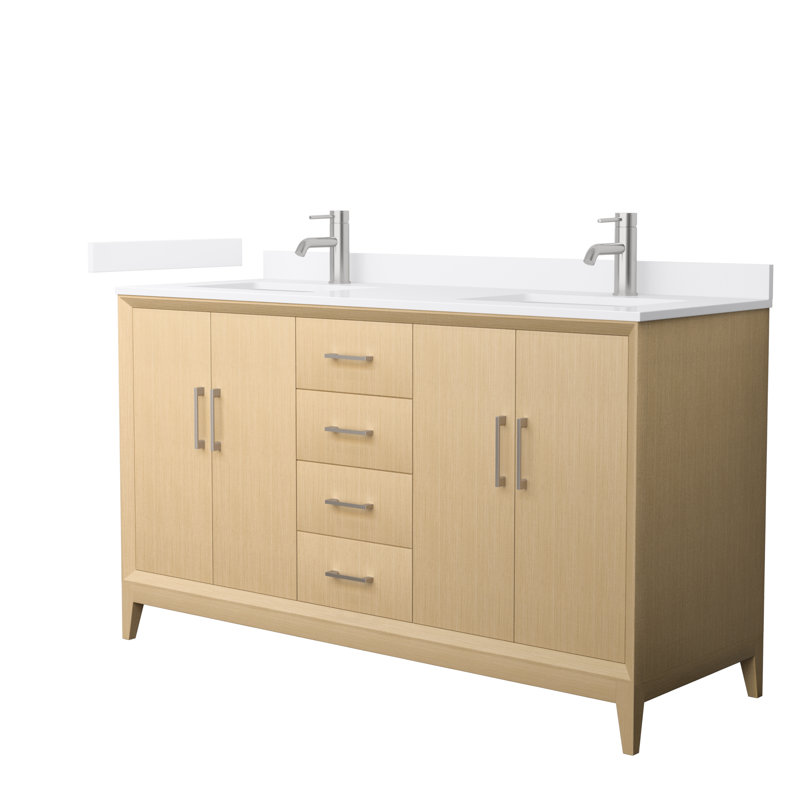 Janna 60" Freestanding Double Bathroom Vanity with Quartz Top, Brushed Nickel, White Quartz
