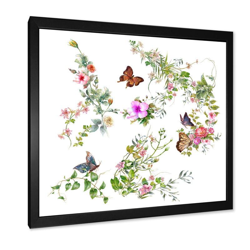 «Butterfly On Botanical Bouquet», reproduction d'art sur toile, H 16 po x l 16 po x P 1 po, Cadre noir