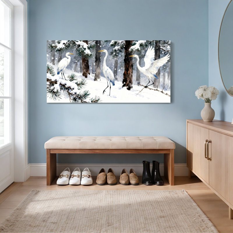 Forêt enneigée avec hérons blancs - Ensemble de 1 tableau sur toile tendue, H 24 po x l 48 po