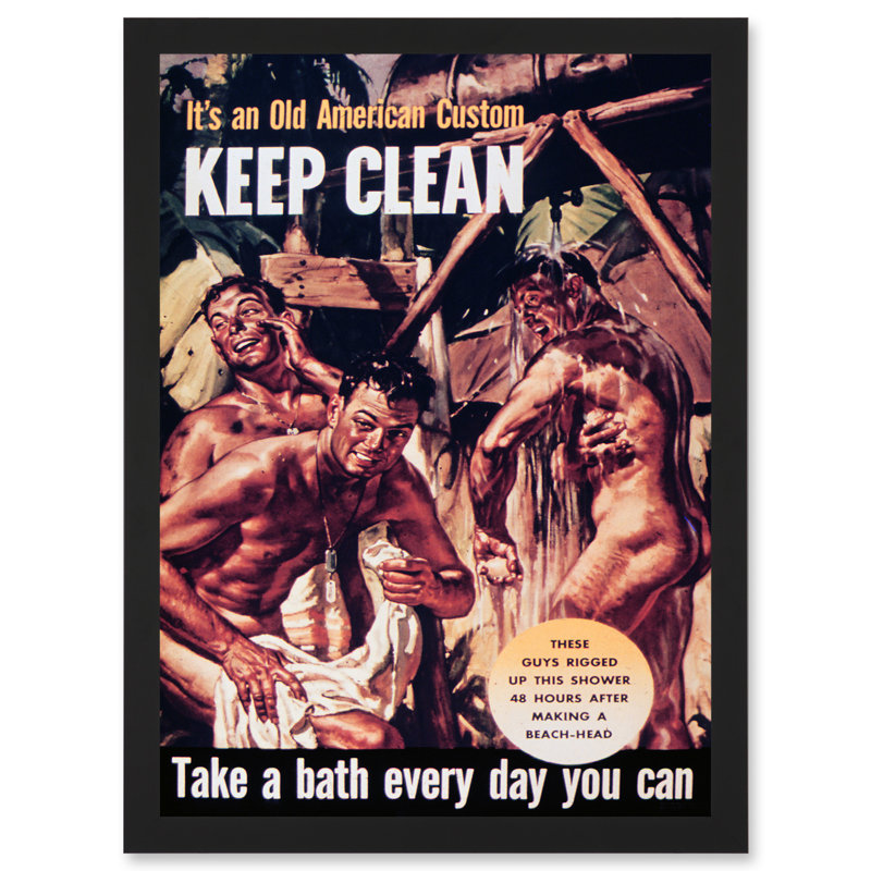 Military War World WWII USA Keep Clean Health Bath Shower Soldier - Single Picture Frame Print