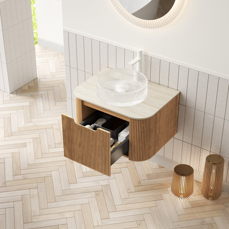Ensemble de meuble-lavabo courbé et rayé 24 po avec tiroir Annora, Transparent Glass, 24"