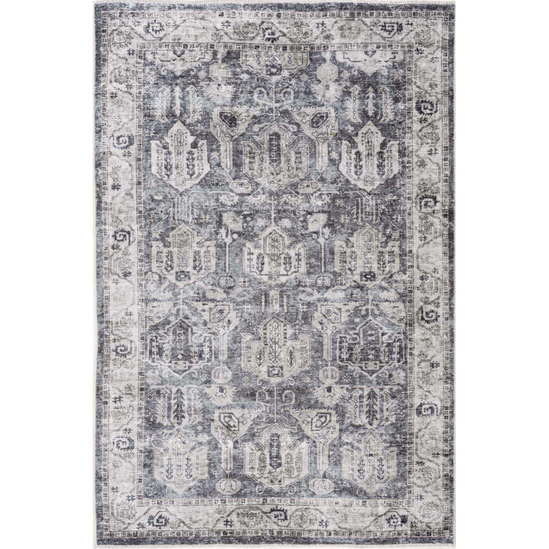 Valdes Machine Washable Oriental Gray Area Rug, Rectangle 6'7" x 9'