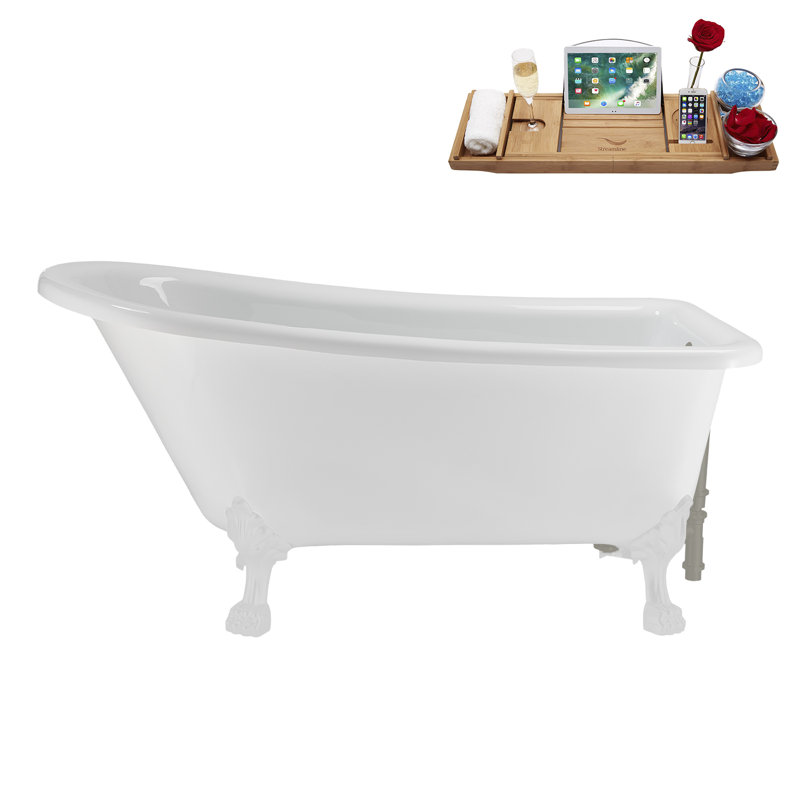 58" Streamlin Clawfoot Tub,Tray,Drain, Clawfeet, Glossy White, Brushed GunMetal