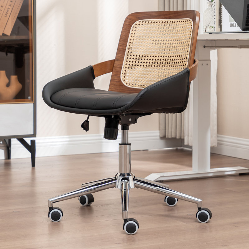 Swivel Home Office Chair - Upholstered Faux Leather & Rattan Back Desk Chair, Ergonomic Executive Chair with Lumbar Support