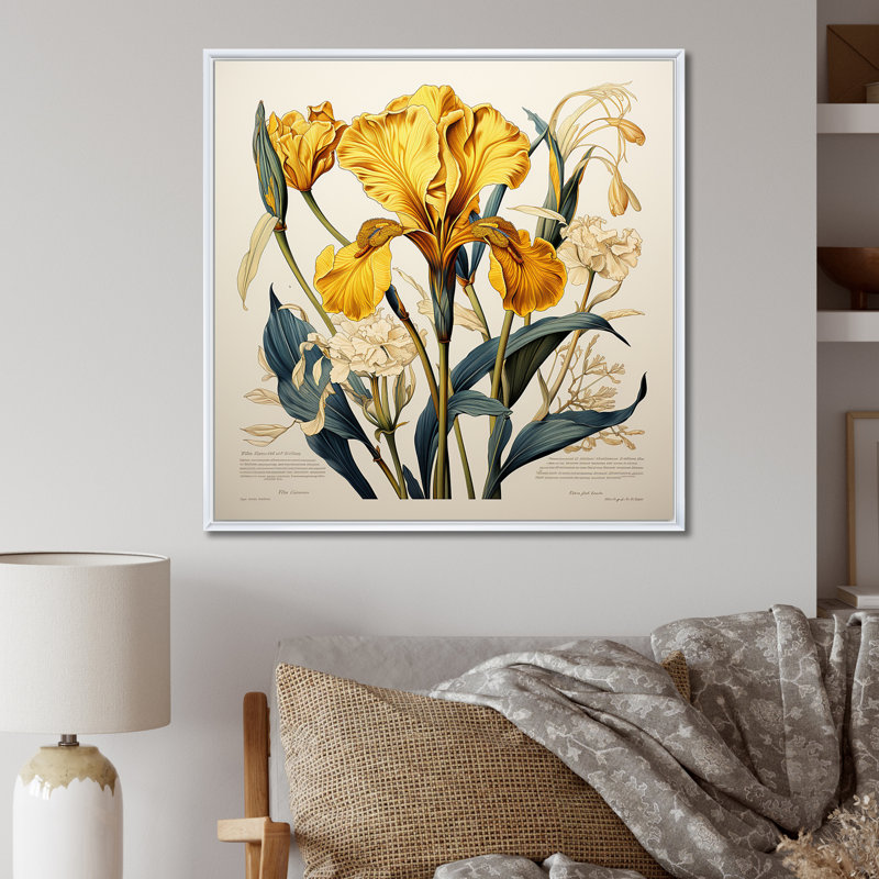Iris jaune, illustration rétro, Cadre flottant blanc, H 36 po x l 36 po