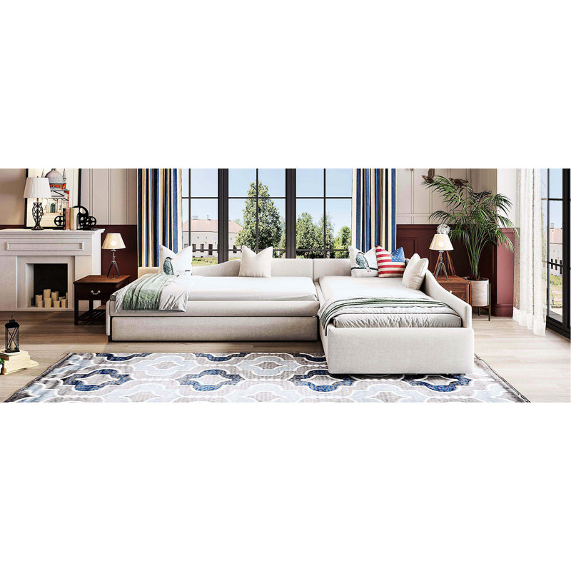 Lit de jour rembourré beige avec lits de taille simple, lit gigogne et tiroir, multifonctionnel pour différents styles de décor Lit de jour, lit gigogne, mélange de lin, sièges confortables