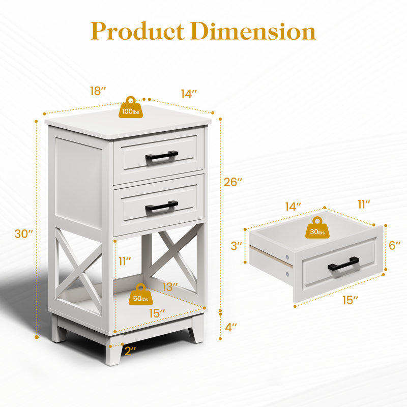 30" Tall Nightstand Modern Painted Wood Bedside Table With 2 Drawers And Open Shelf, White