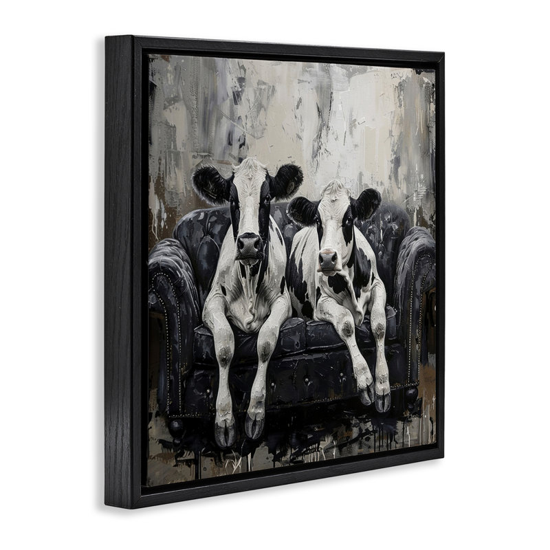 «Lounging Cows on Couch», art mural sur toile flottante, design par LSR Creative Studio, Cadre flottant noir de jais