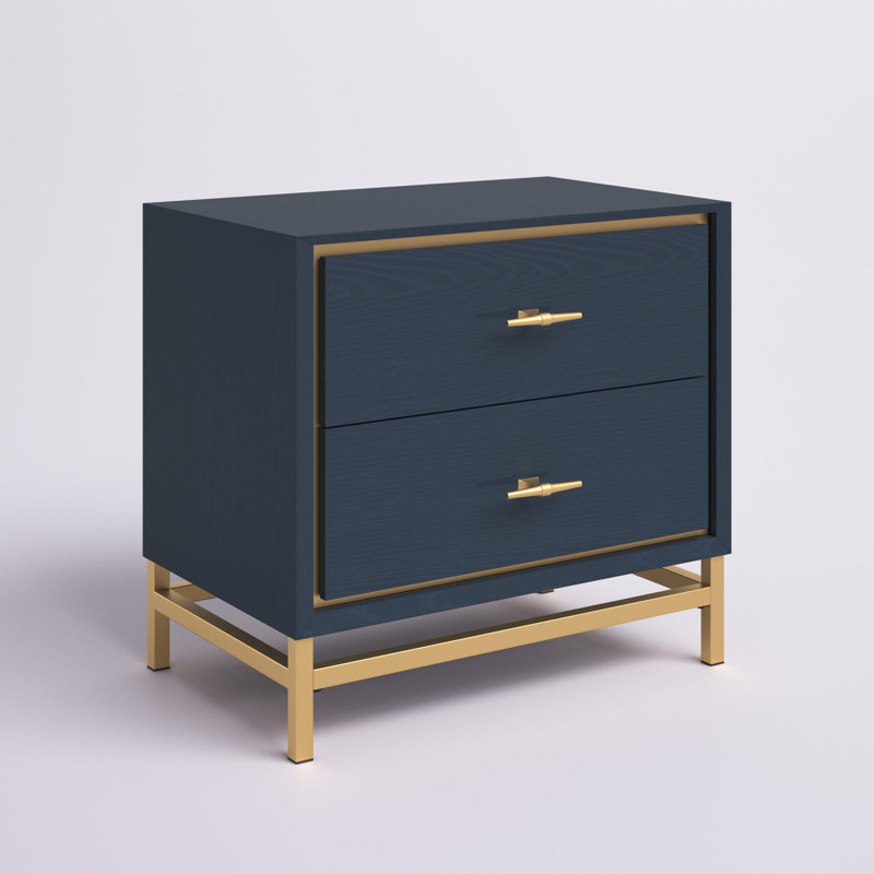 Elegant & Modern Xan 23'' W Nightstand – Stylish Mid-Century Design with Brass Base and Two Drawers, Teal
