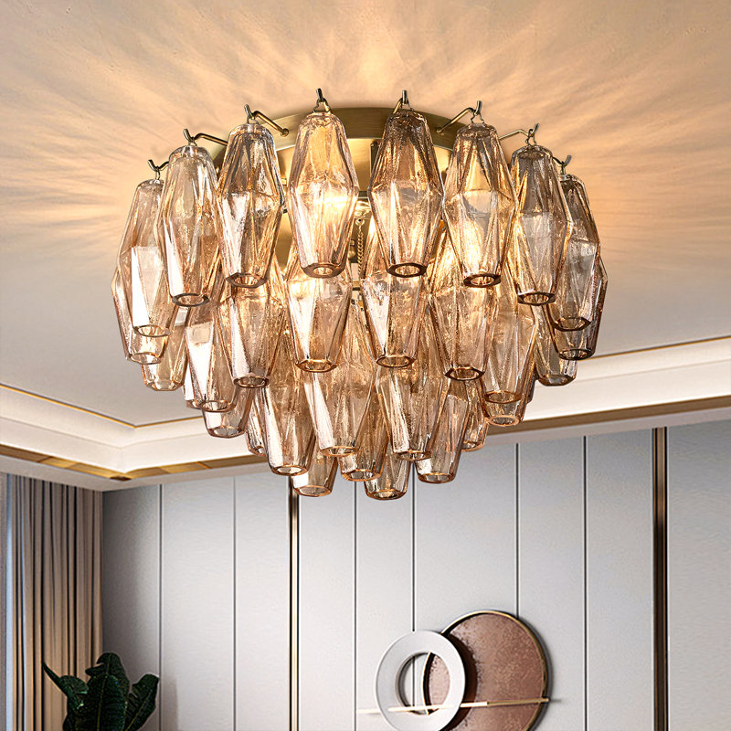 Plafonnier en cristal, Six lumières, H 11 po x l 22 po x P 22 po, Doré