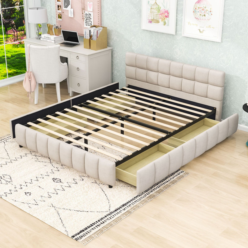 Lit plateforme rembourré Queen Size avec tête de lit capitonnée à carreaux et support central en acier, Beige