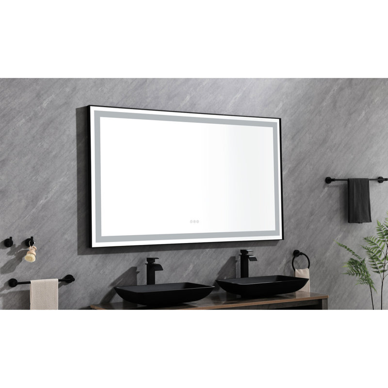 Miroir mural de salle de bain 72 * 48 avec DEL - Lumen élevé, brouillard, aluminium noir mat