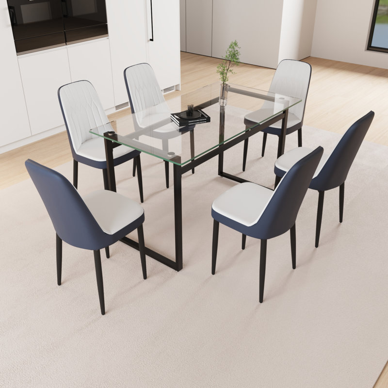 Ensemble de table de salle à manger 51 "en verre 51 personnes, Beige/noir, 7 pièces : table, 6 chaises