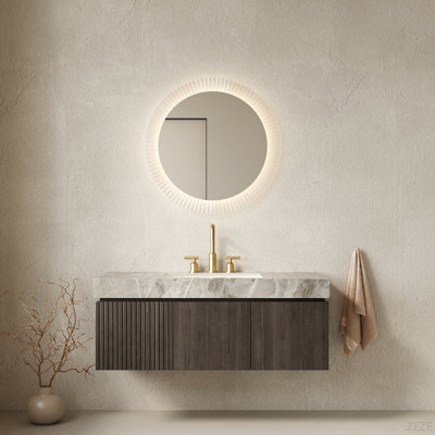 Meuble-lavabo 48 po, meuble de rangement flottant en contreplaqué avec tiroir et portes, comptoir en pierre frittée gris clair et lavabo en céramique avec 3 trous de robinet pré-percés, pré-assemblé