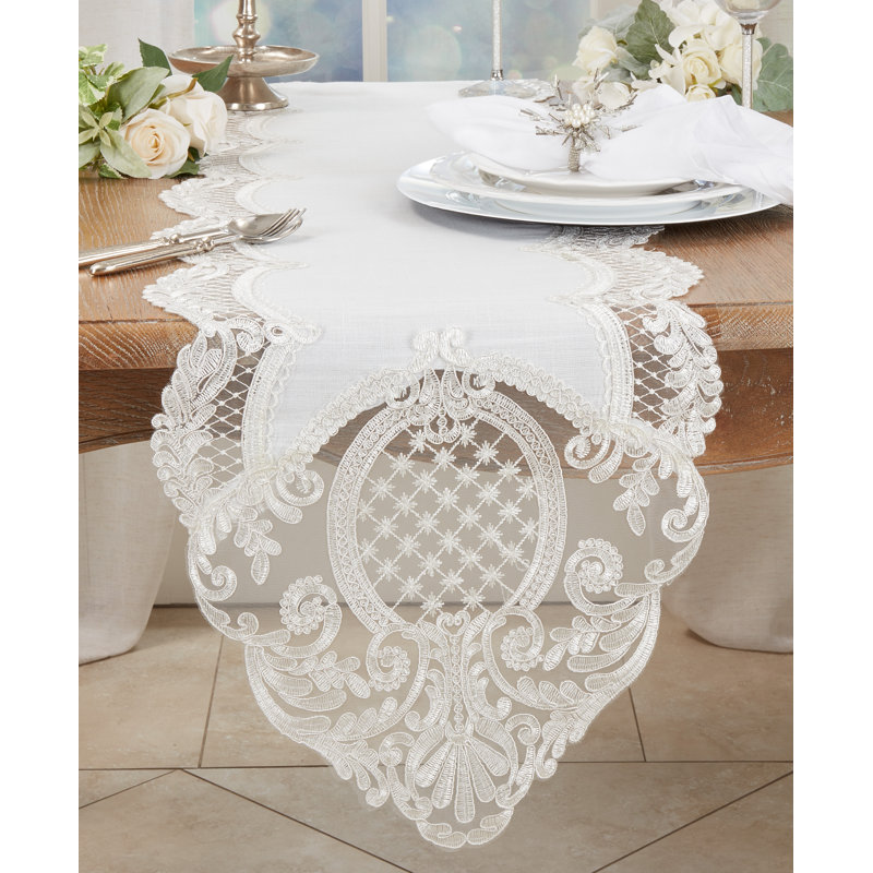 Elegant White Embroidered Lace Table Runner, 16" x 72"