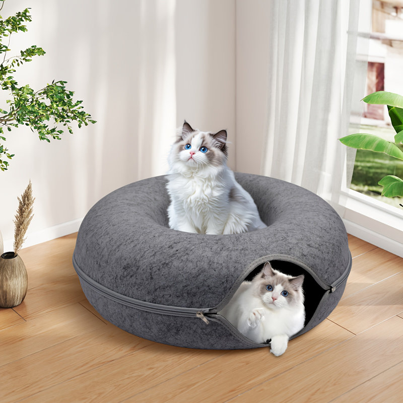 Felt Donut Cat & Dog Bed With Breather Hole – 2-in-1 Hideaway Tunnel & Interactive Play Toy, Dark Gray