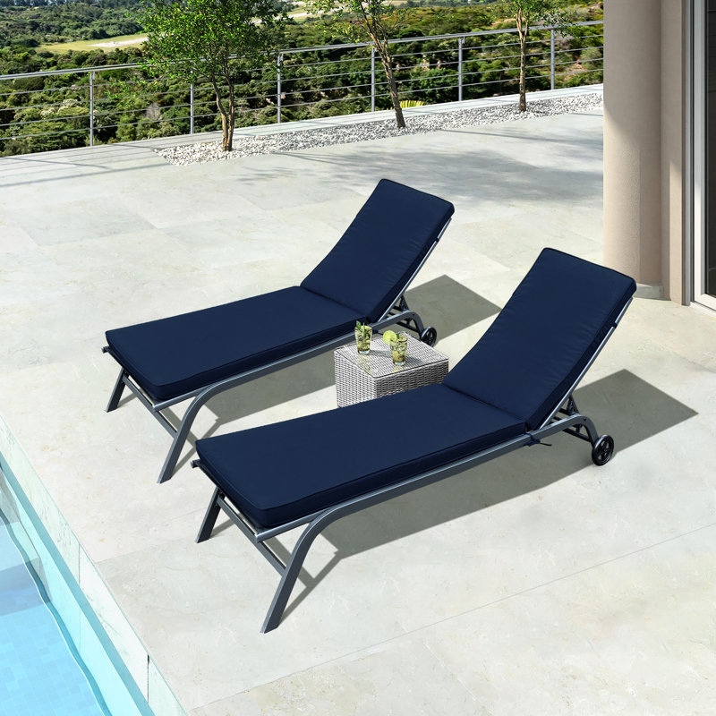 2Pcs Navy Blue Outdoor Chaise Seat Cushions, Fabric, Protected, Detachable Zipper Covers, Fluffy Sponge Filling Lounge Fine & Fade , Removable Covers For Thorough Cleaning, High Resilience Padding,