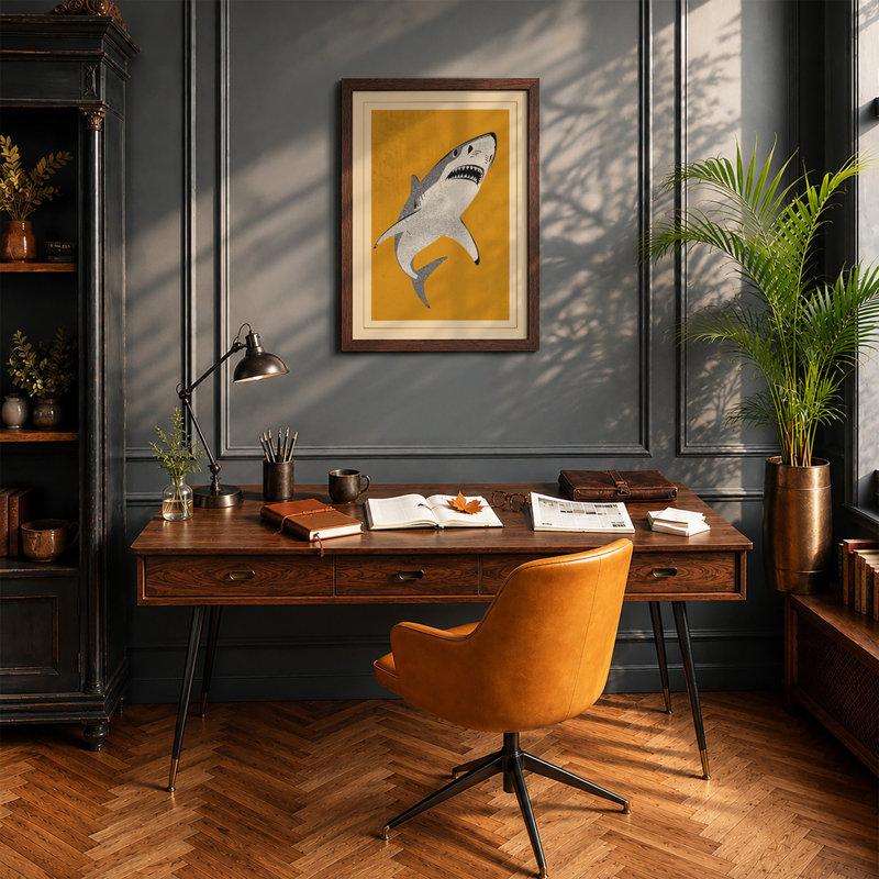 Great White Below Mid-Century - Framed Print, Walnut, A3 - 42.0 x 29.7 cm
