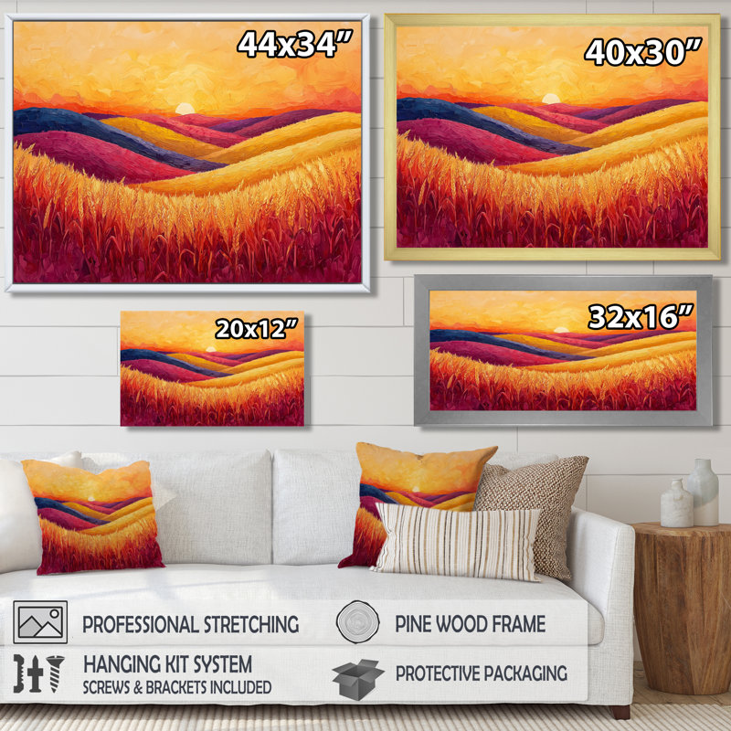 Coucher de soleil sur le champ de blé I - campagne, art mural, Cadre simple, Noir, noir, noir, noir, H 12 po x l 20 po