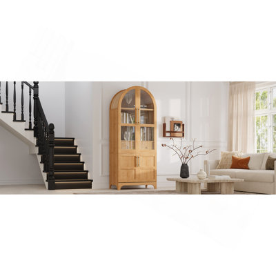 Grand garde-manger arqué de 71 po avec tablettes de porte, armoire de rangement de style campagnard avec tablettes ouvertes et réglables, tiroir caché et porte vitrée, armoire de cuisine, salle à manger, naturel