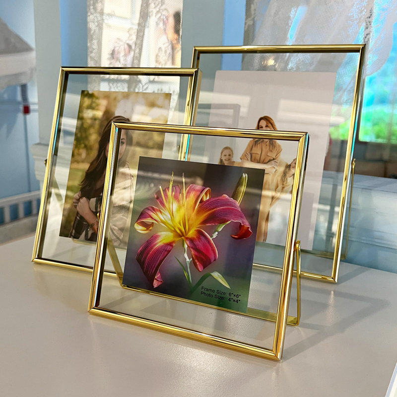 Elegant Gold Metal Floater Frame Set - Minimalist Tabletop Display For Love And Family Photos