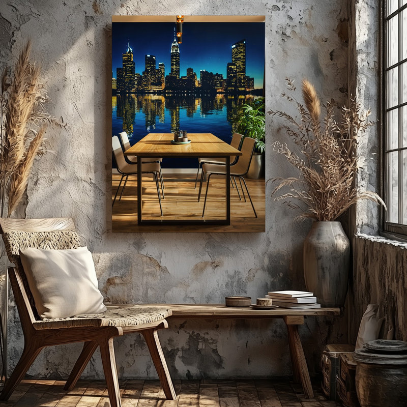 Toile, une salle à manger moderne avec une élégante table en bois entourée par des chaises minimalistes illuminées par une ambiance chaleureuse