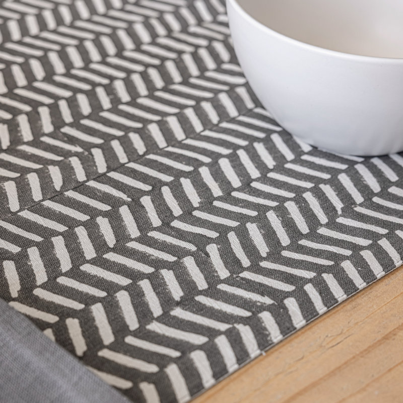 over&back Hand-Blocked Printed Cotton Table Runner, 18" W x 108" L, Grey Herringbone