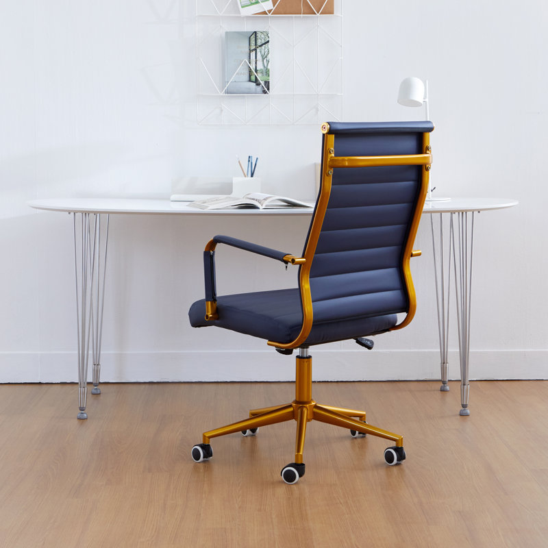 Fauteuil de bureau ergonomique pivotant avec dossier en cuir côtelé, Doré, Marine