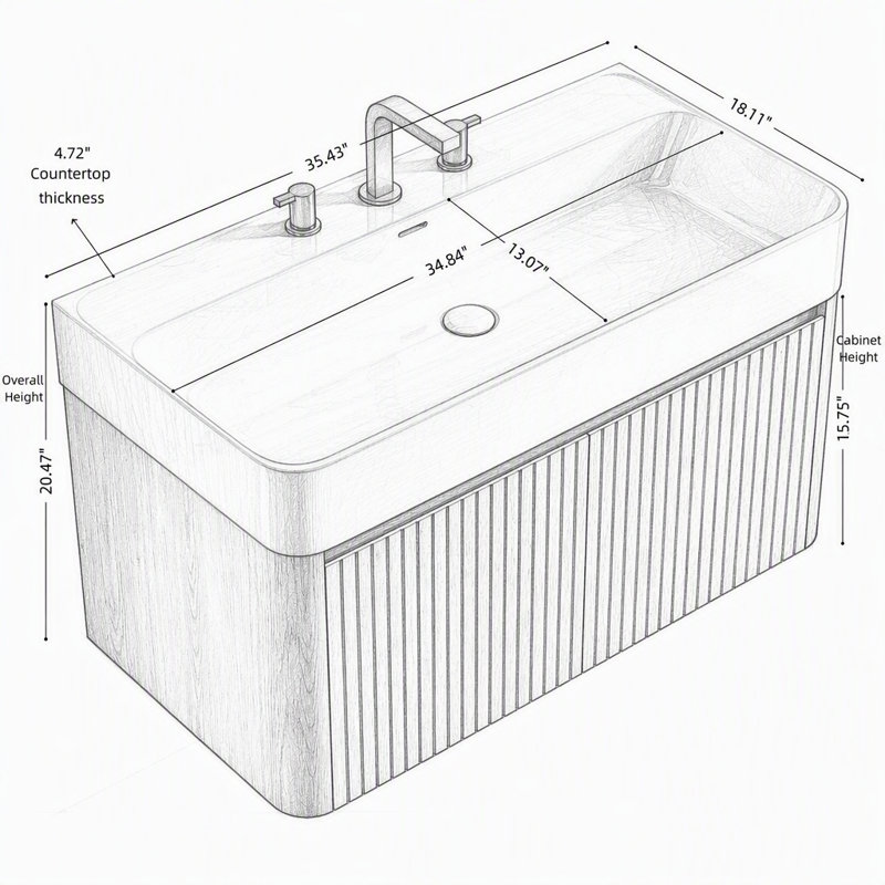 Meuble-lavabo suspendu avec lavabo intégré en surface solide et fini chêne pour des solutions de rangement modernes, 47" W