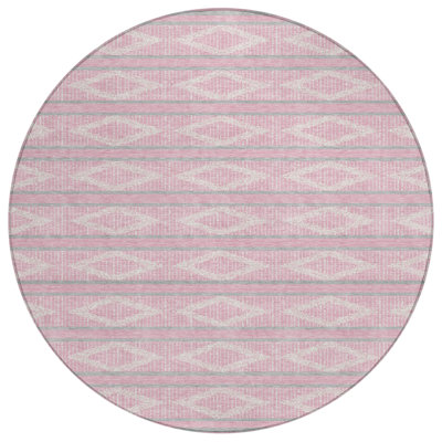 8' Pink Ivory And Gray Round Geometric Washable Indoor Outdoor Area Rug