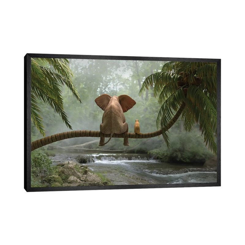 Elephant And Dog Sit On A Palm Tree In Tropical Forest by Mike Kiev - Gallery-Wrapped Canvas Giclée on Canvas, Black Framed