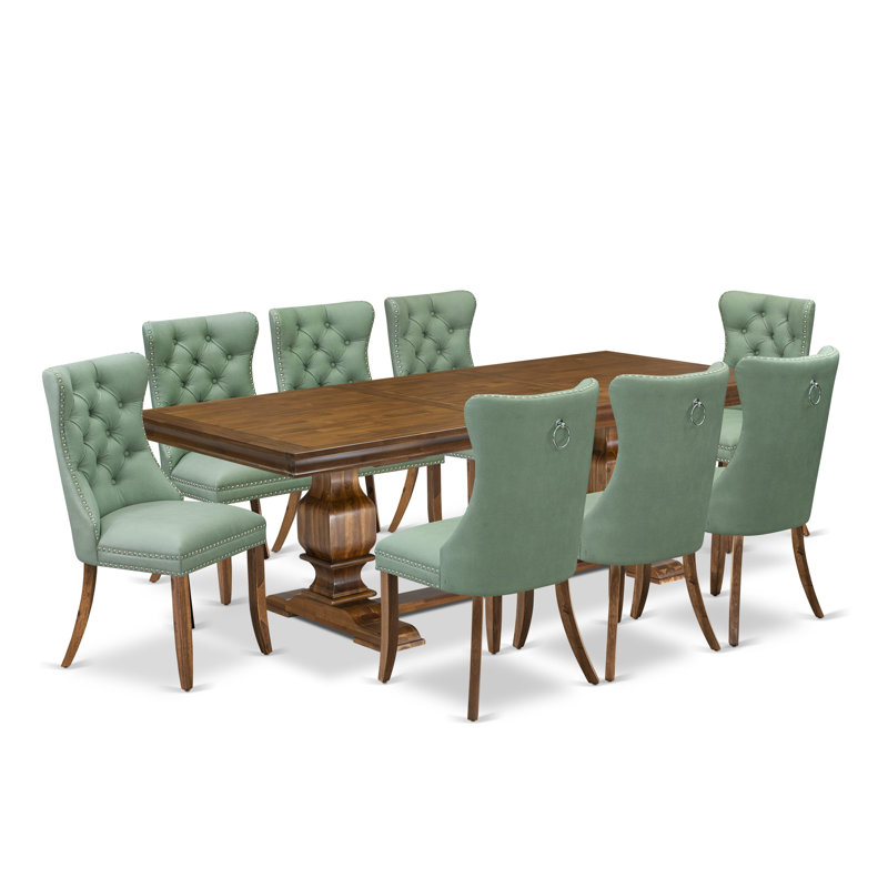 Antique Walnut Rectangular Dining Table Set with Willow Green Button-Tufted Chairs