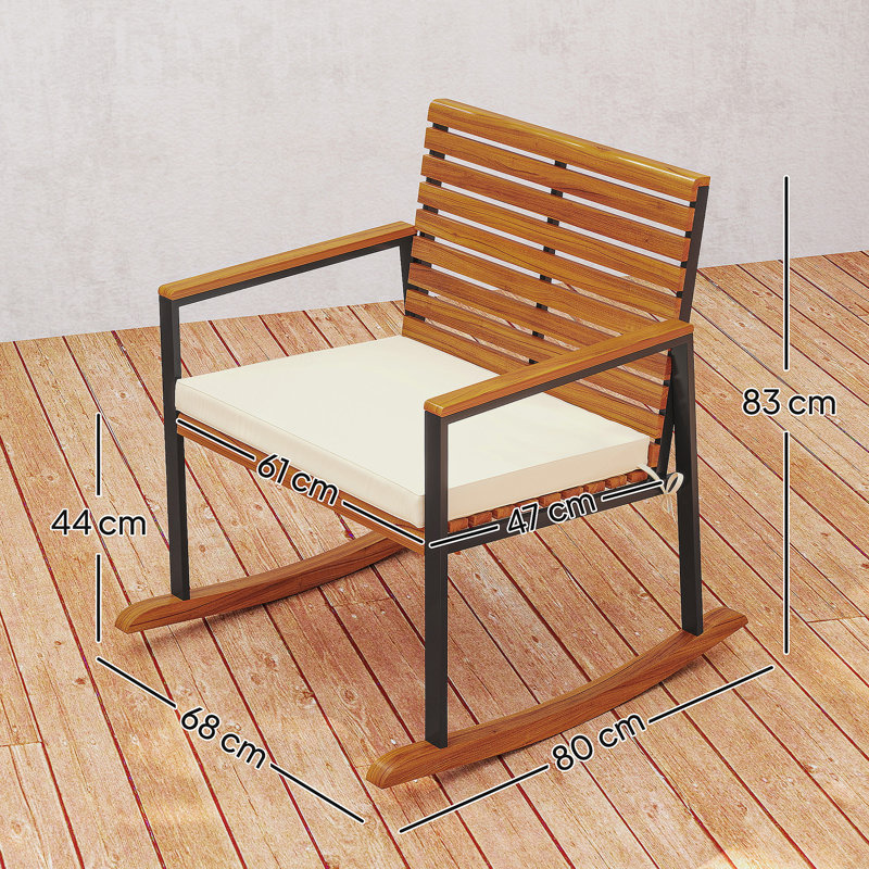 Ensemble de 2 chaises berçantes d'extérieur en bois d'acacia avec accoudoirs Outsunny, coussin, blanc crème