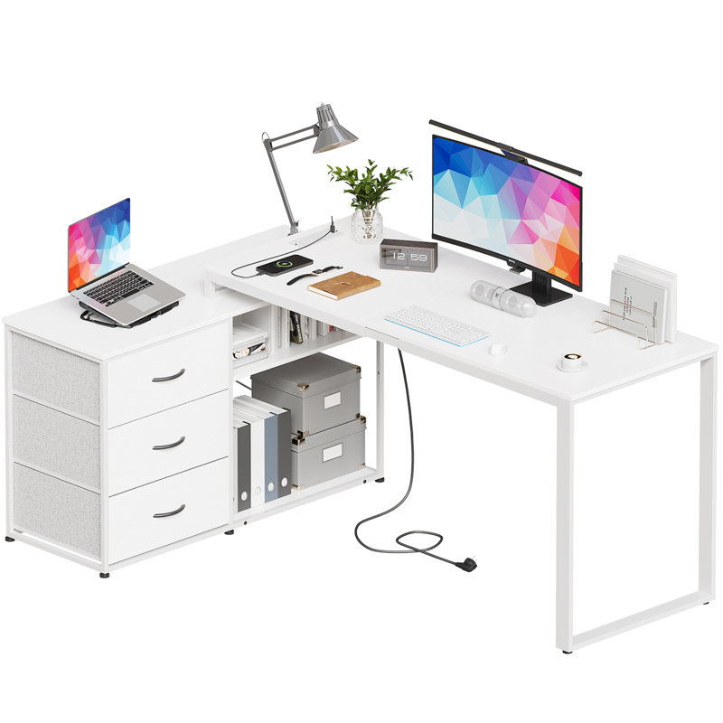 Ahriana L-Shaped Metal Base Computer Desk, White, White